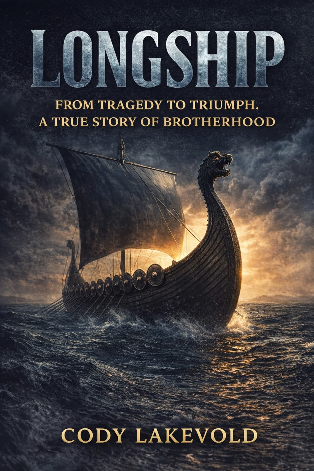 Open hardcover copy of Longship with golden light illuminating pages