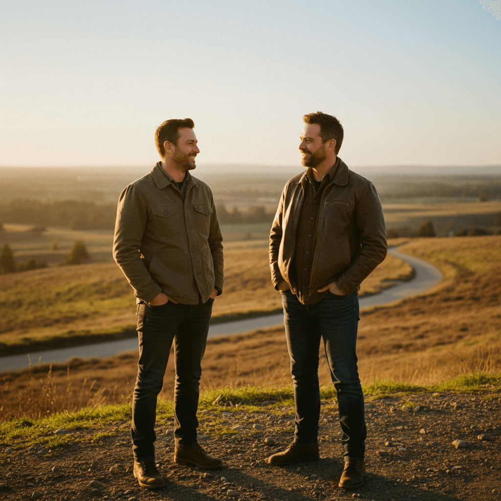 Two men standing together outdoors in authentic brotherhood pose
