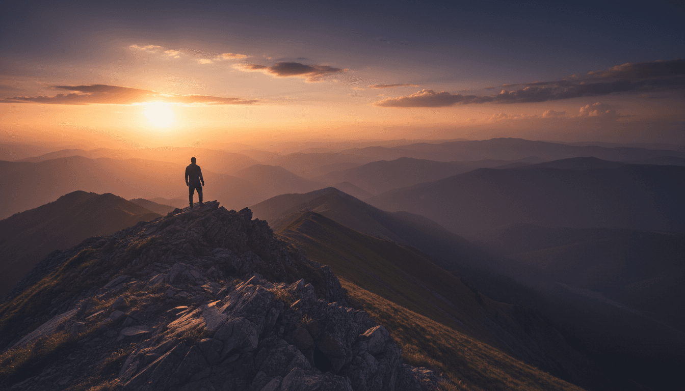 Figure standing on mountain ridge at sunset, symbolizing triumph over adversity