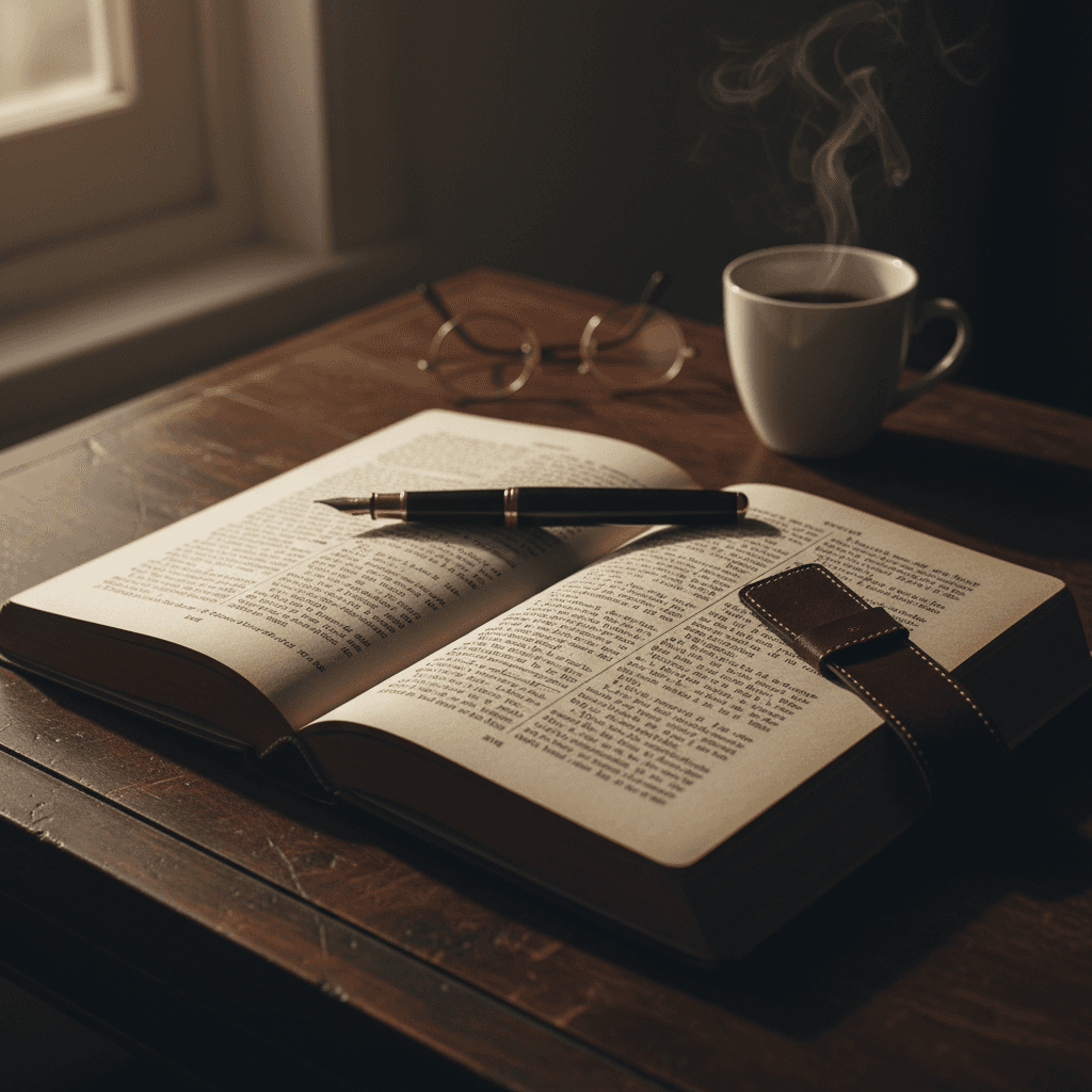 Open book with handwritten notes and warm beverage on wooden table