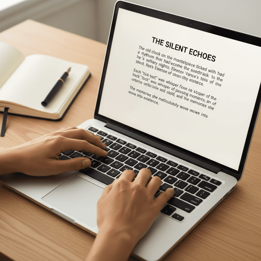 Close-up of hands typing on laptop keyboard with professionally formatted manuscript text visible on screen