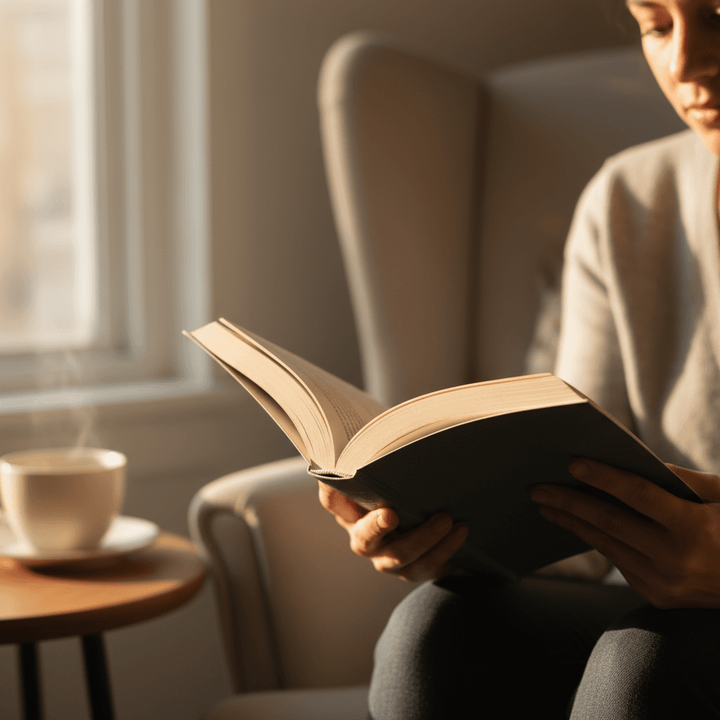 Person in quiet reflective moment with Longship book in natural reading environment