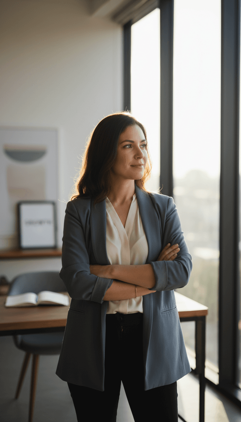 Figure standing with confident presence and forward momentum