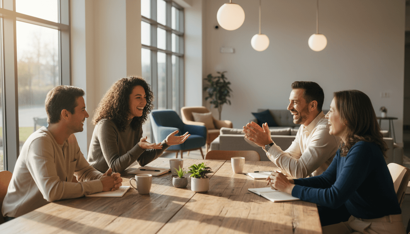 Diverse group engaged in genuine conversation and collaboration