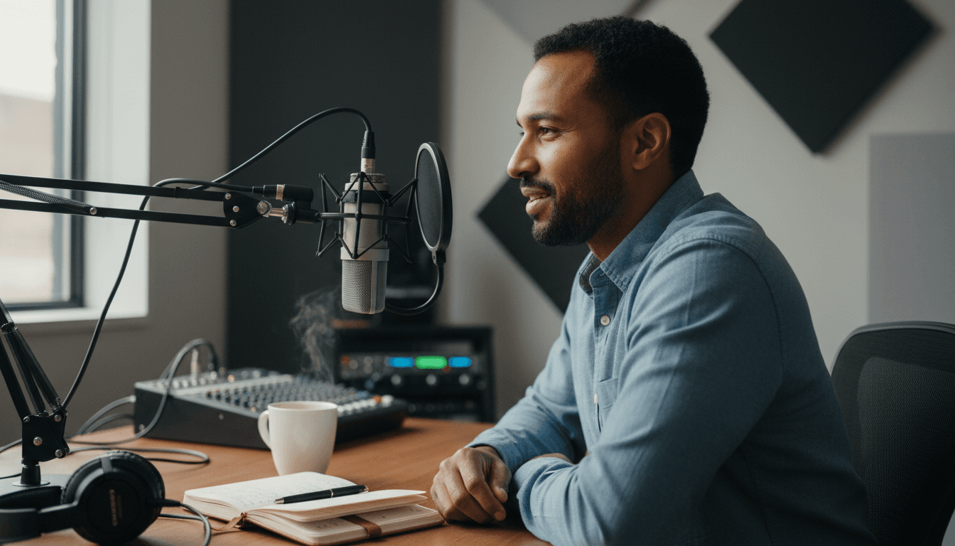 Cody Lakevold speaking passionately during a media interview with professional studio setting