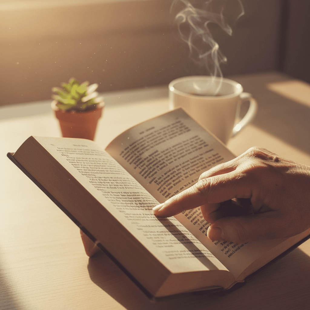 Hands holding Longship book in warm natural window light during quiet reading moment