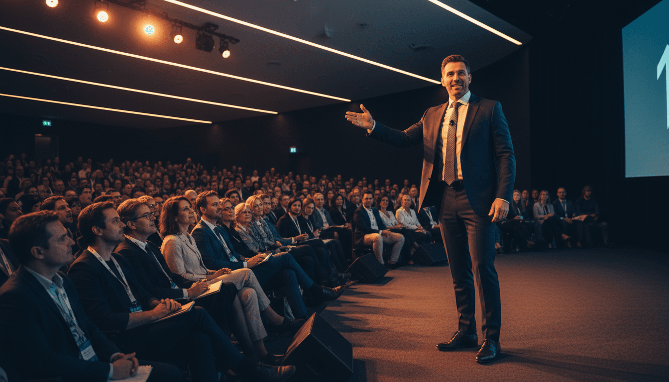 Cody Lakevold speaking on stage with conviction and presence