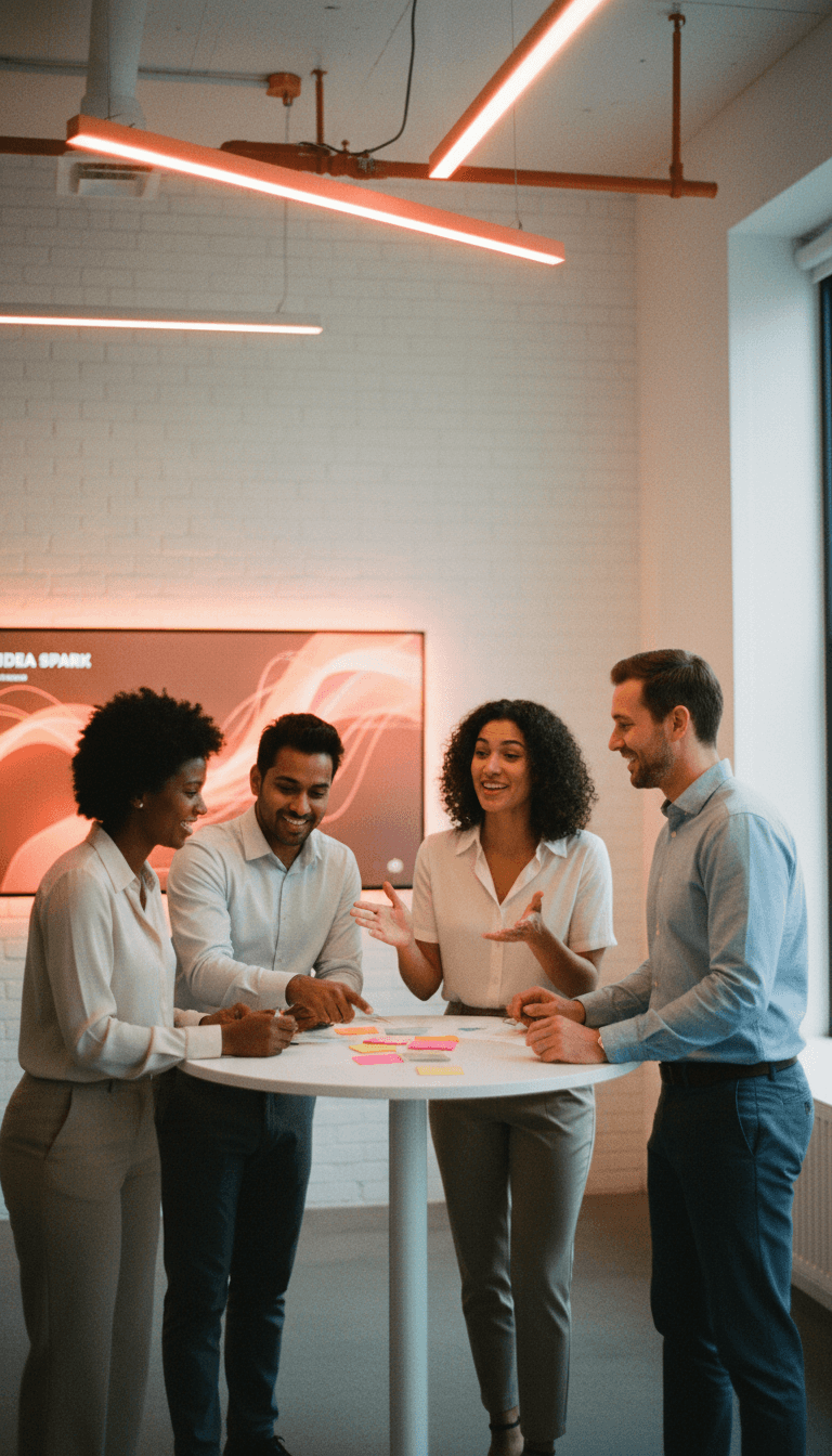 Diverse team collaborating around a table in modern space