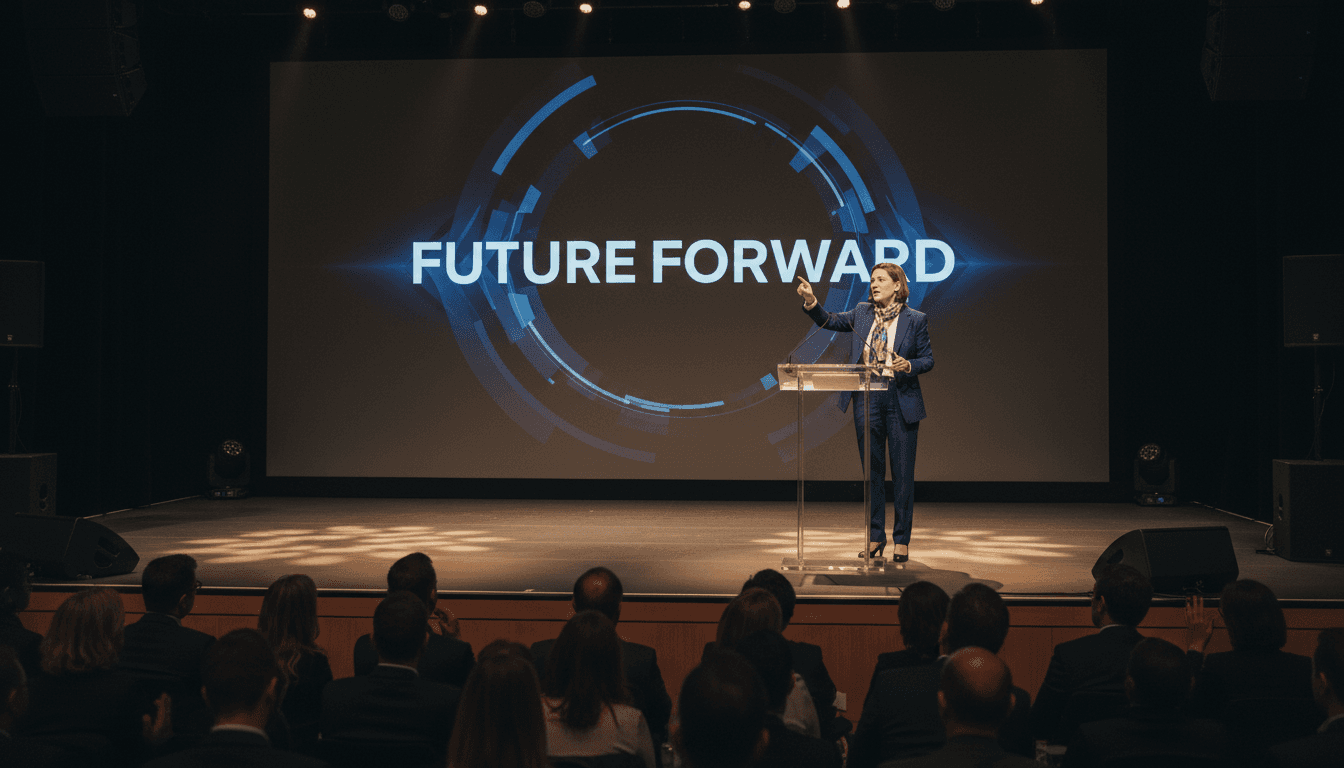 Speaker delivering powerful message on stage with dramatic lighting