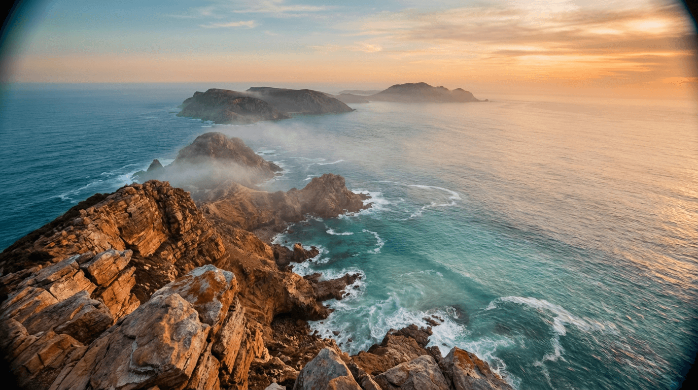 A solitary figure standing on a rocky shore at sunset, gazing toward the horizon with determination and calm resolve