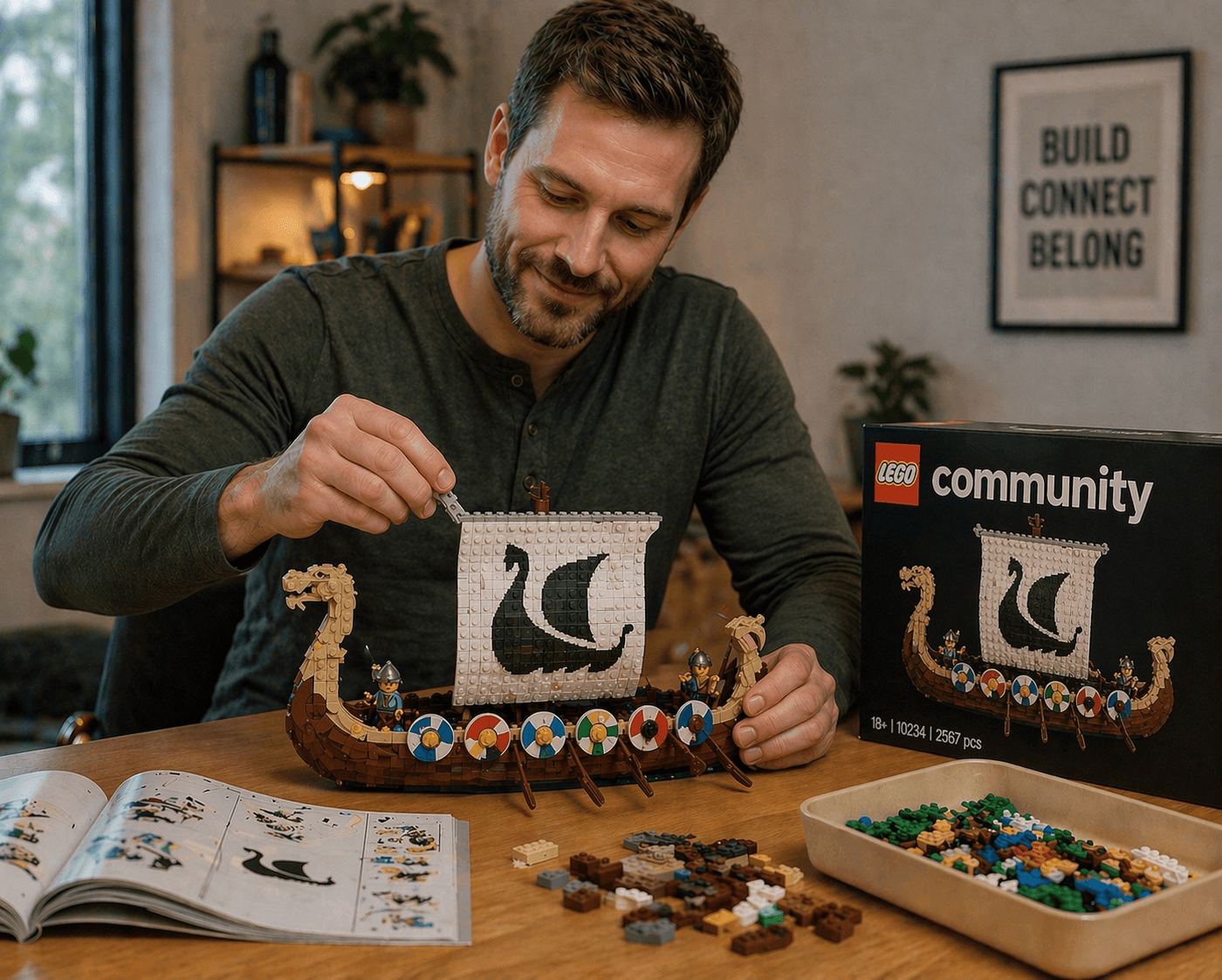Smiling man builds a LEGO Viking ship with a white sail and colorful shields.