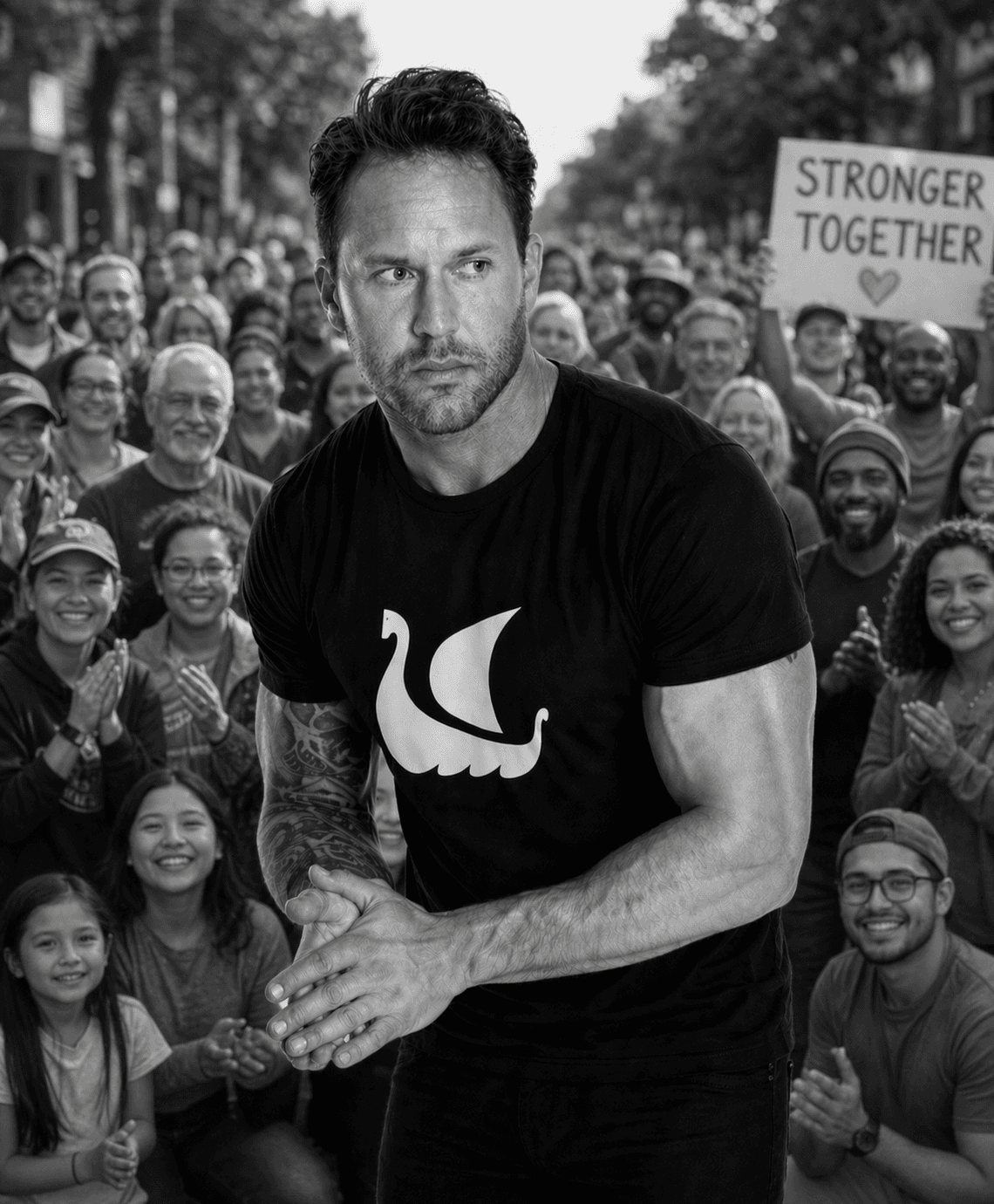 Muscular man in swan t-shirt stands before a diverse crowd holding 'Stronger Together' sign.
