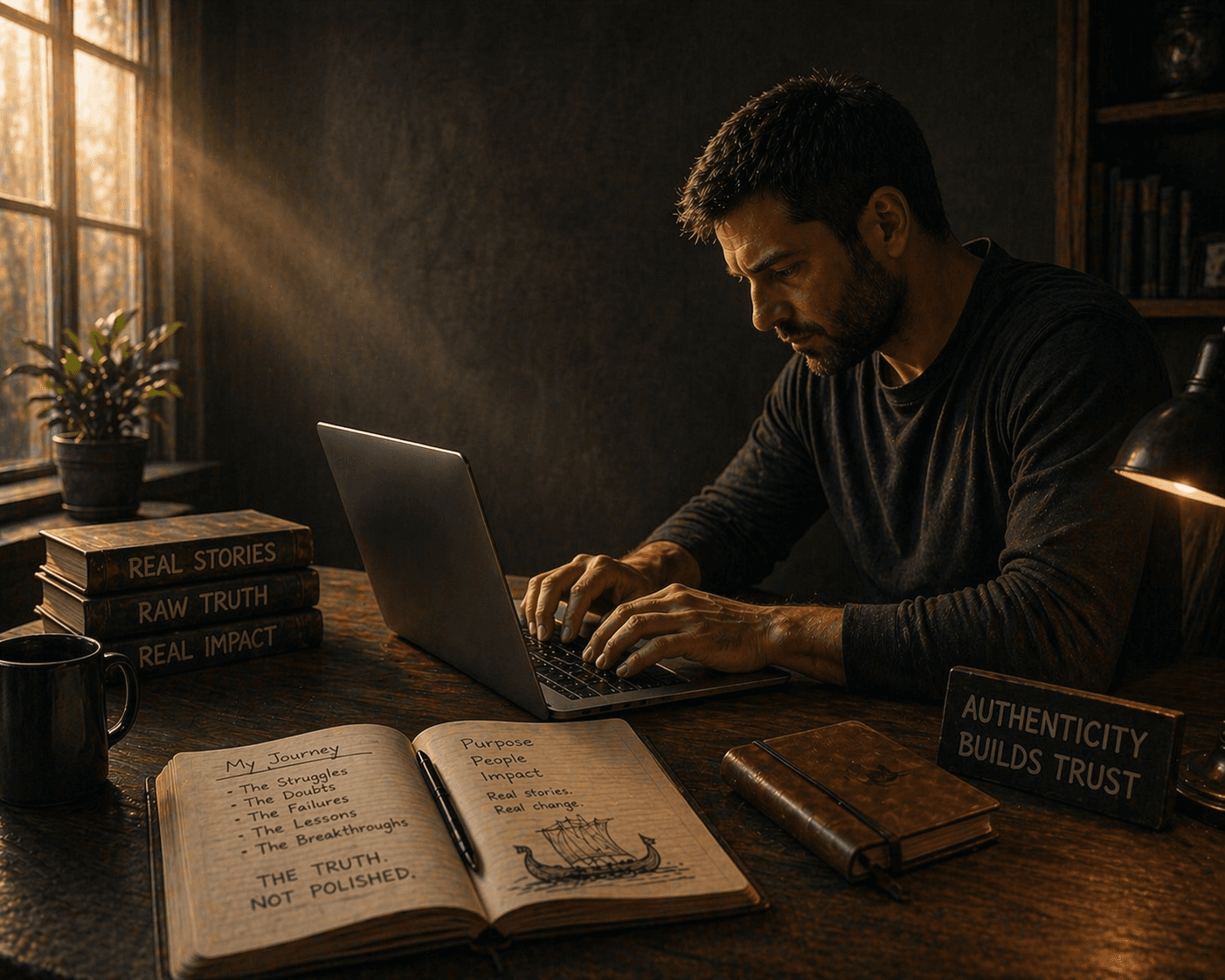 Bearded man typing on a laptop at a sunlit desk with books about raw truth.