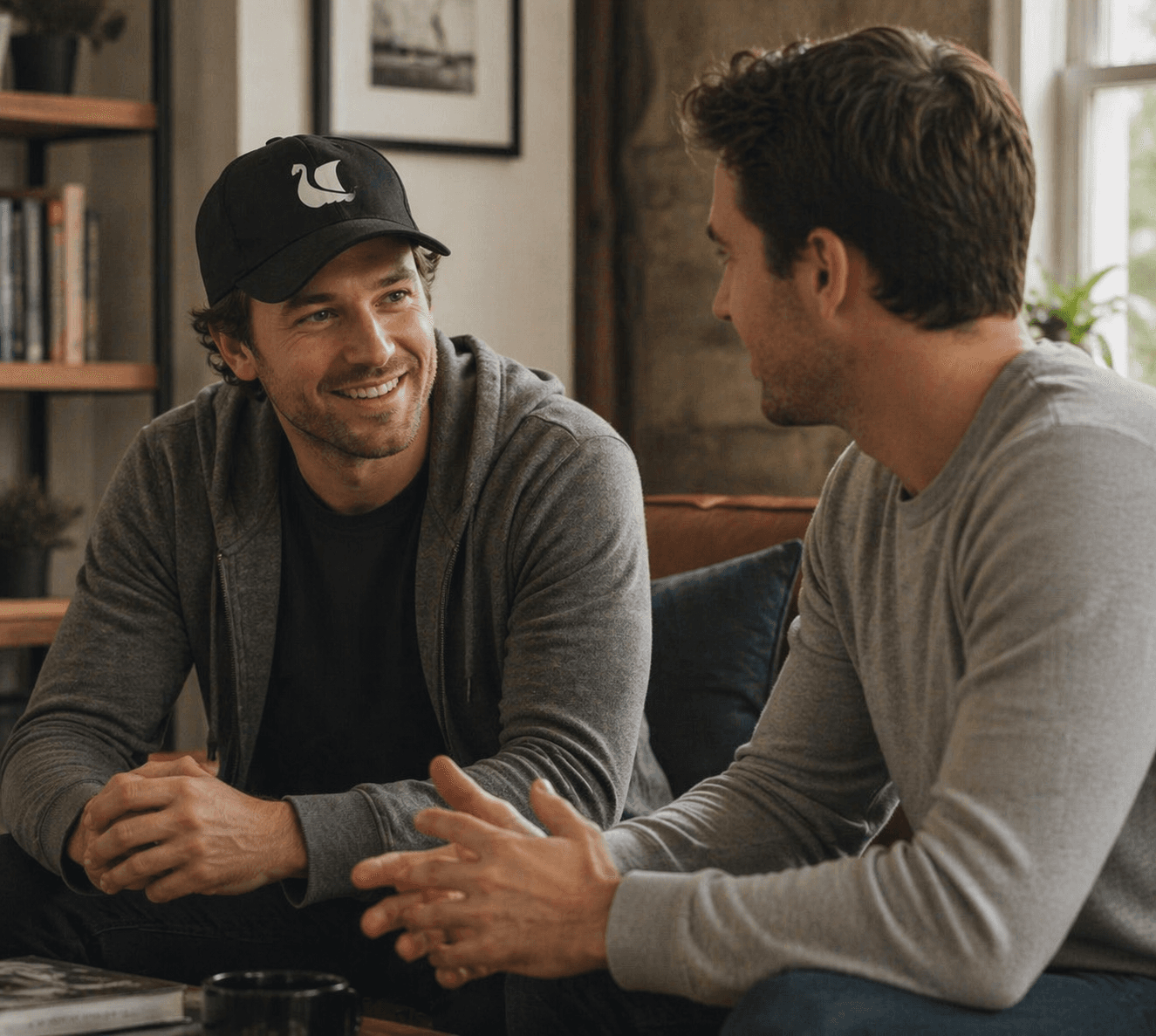 Two men sitting indoors, one wearing a black swan logo cap, having a casual conversation.