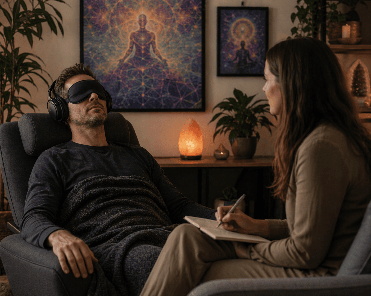 A man wearing an eye mask and headphones reclines while a therapist takes notes nearby.