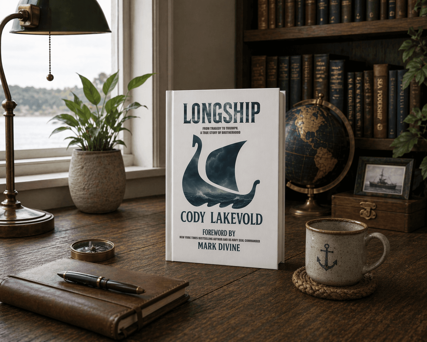 Book titled 'Longship' by Cody Lakevold on a wooden desk with nautical-themed decor.