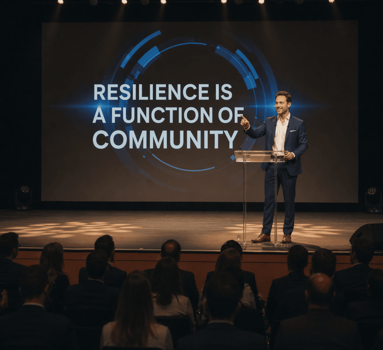 Speaker on stage presents 'Resilience is a function of community' to a seated audience.