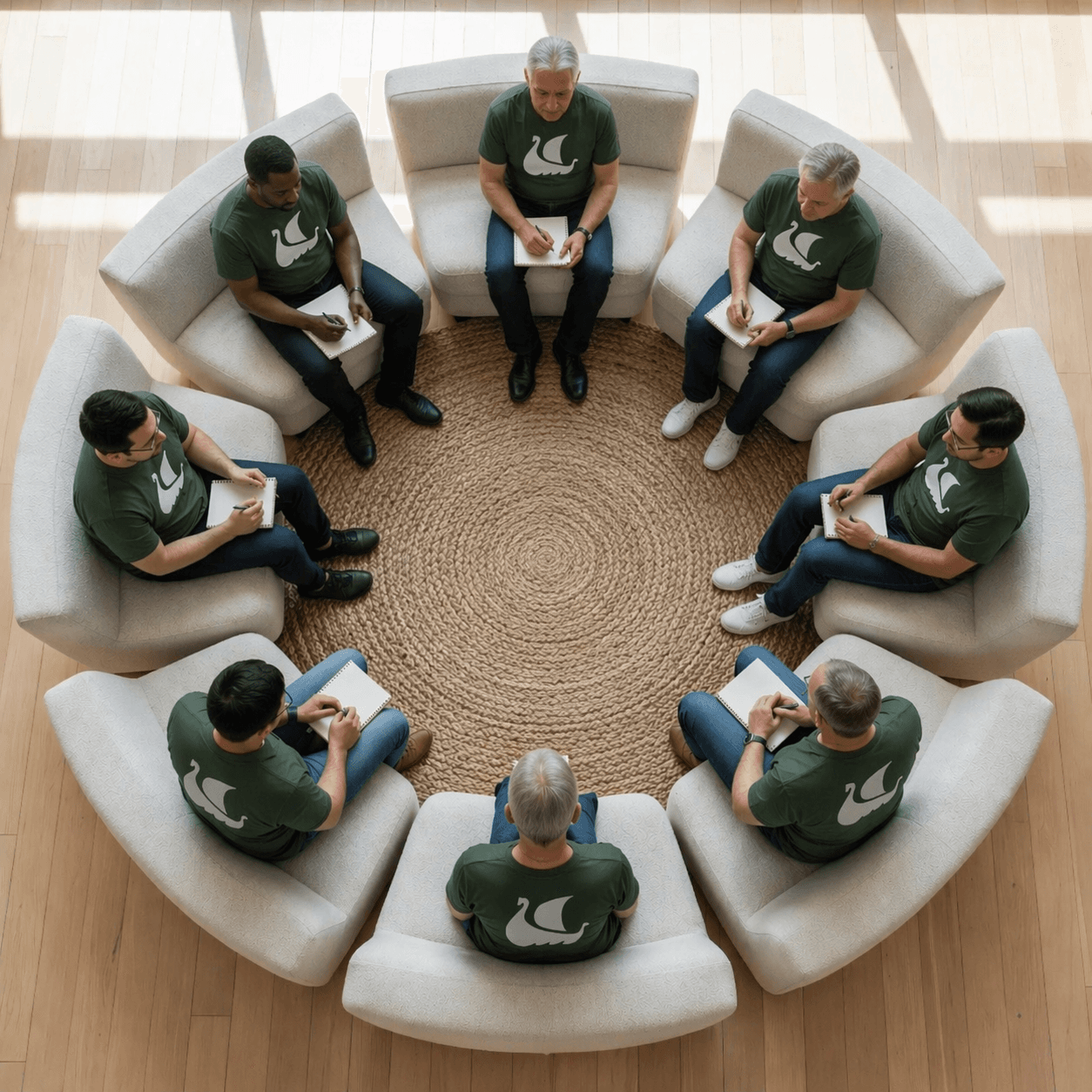 Overhead view of eight men in green shirts sitting in a circle, taking notes.