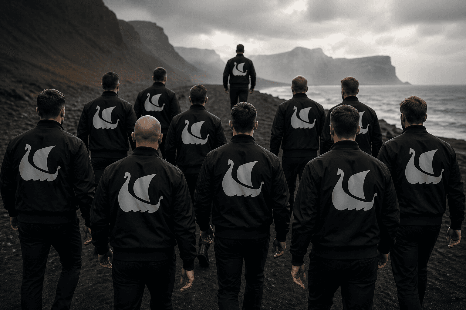 Men in black jackets with swan logos walk away on a dark, rocky beach.