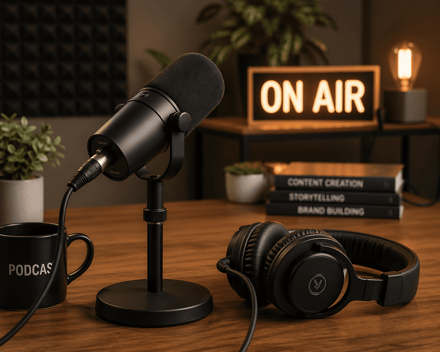 Professional podcast setup featuring a black microphone, headphones, and a glowing ON AIR sign.
