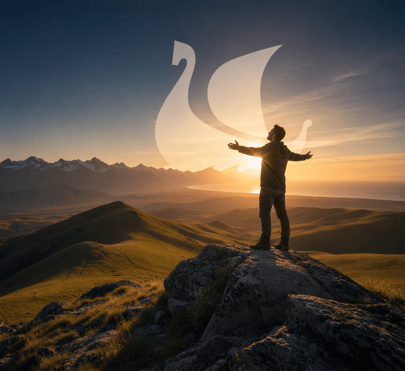 Man with arms outstretched on a mountain peak at sunset with a swan logo overlay.