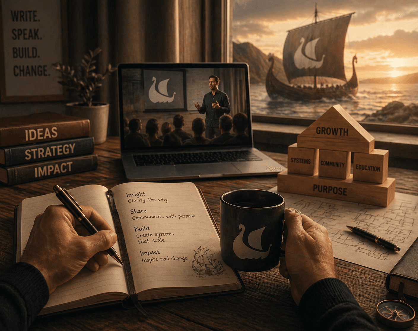 Hands writing in a journal at a desk with a laptop and Viking ship sunset.