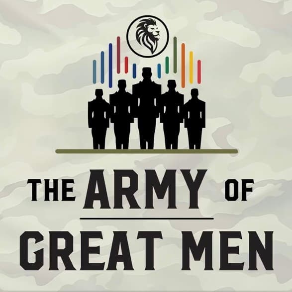 Five silhouetted men below a lion logo and The Army of Great Men on camouflage.